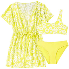 Girls 3 Pcs Swim Cover Up Sets Floral Bikini Crop Top With Brief Kimono Teens Bathing Suit Girls' Swimsuit Cover Up Wrap Scarf