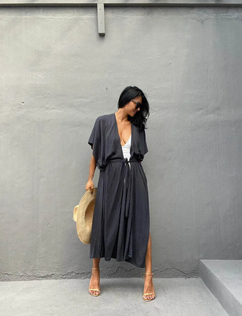 Swimsuit Cover Ups for Women Beach Cape Tunic Kimono Summer Belted Split Wrap Dresses Pareo Holiday Bathing Suits Factory Supply