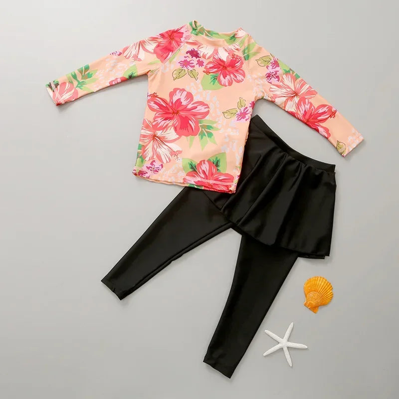 Printing Long Sleeved Girls Swimwear Sun Protection Swimming Suit  Long Pants Skirt Style Quick Drying Bathing Suit 3-11Y
