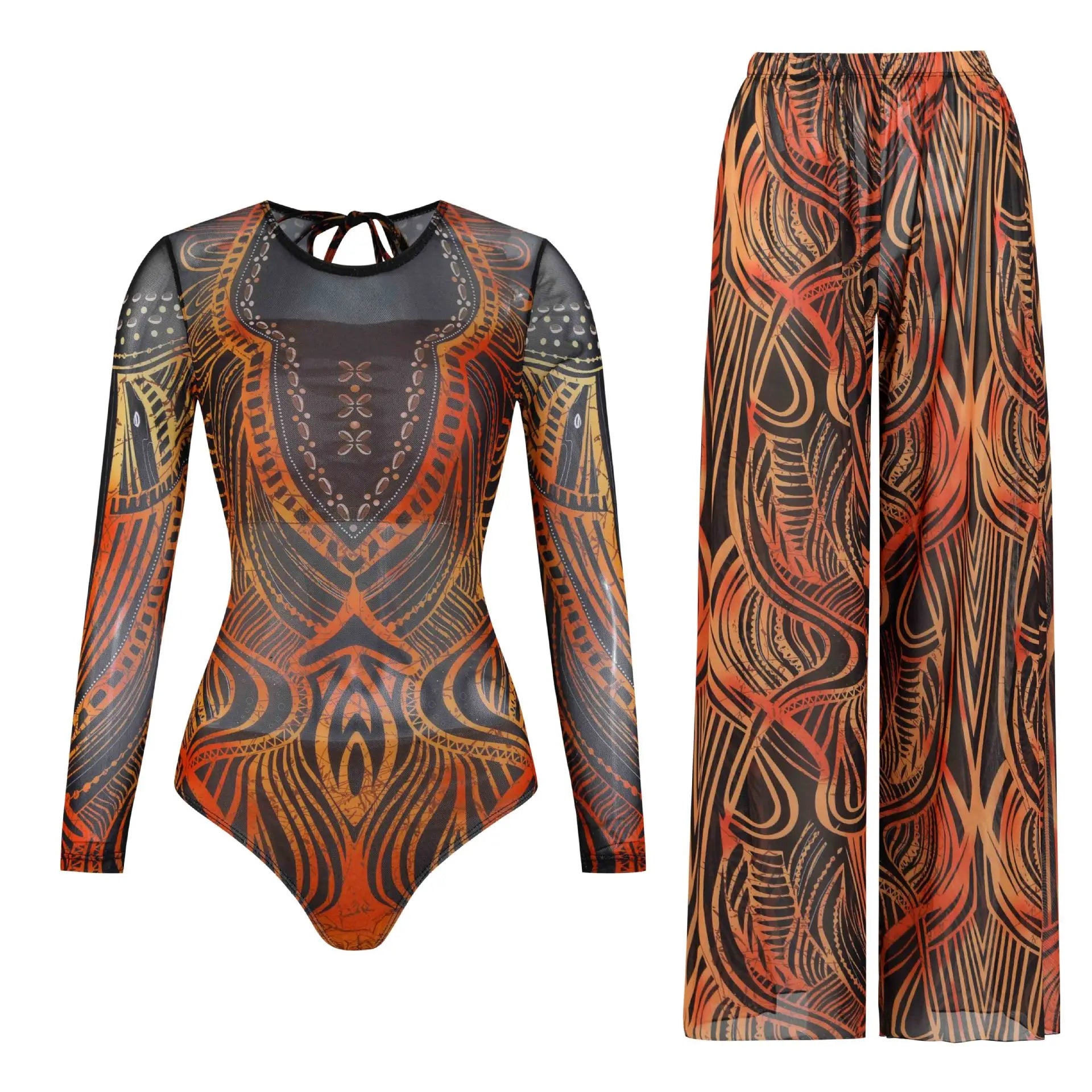 Women's Long Sleeve Swimwear Sunscreen One Piece Swimsuit High Elastic Thickened Mesh Loose Pants SPF35+ New Fitness Beachwear