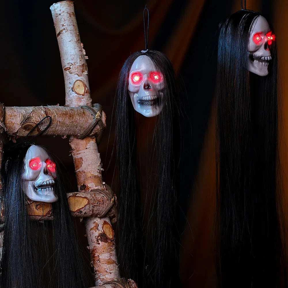 Halloween Hanging Ghost Skull with Long Hair Glowing Eyes Terror Skull Ghost House Head Skeleton Props 2024 Halloween Decoration
