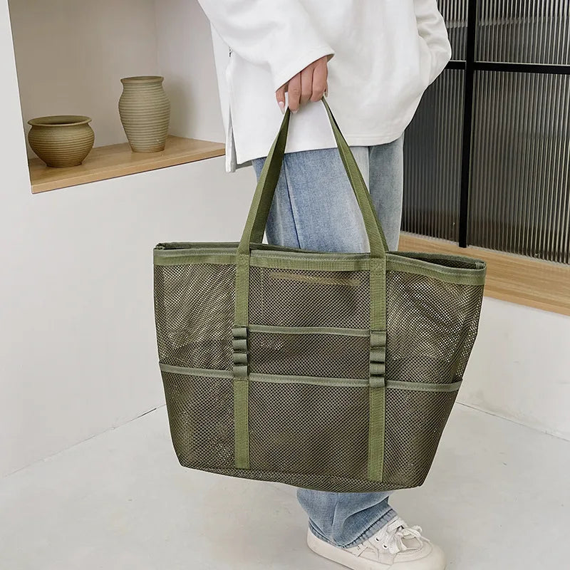 Large Capacity Canvas Beach bag Versatile Commuting Shopping Shoulder bag Lightweight Semi Transparent Mesh Hollow bag