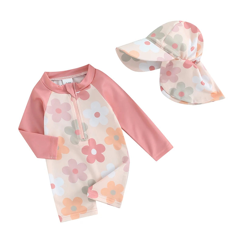 Tregren 0-3Y Toddler Girls Rash Guard Swimsuit with Swim Cap Long Sleeve Floral/Tropical Tree Print Zip Up Swimwear Bathing Suit