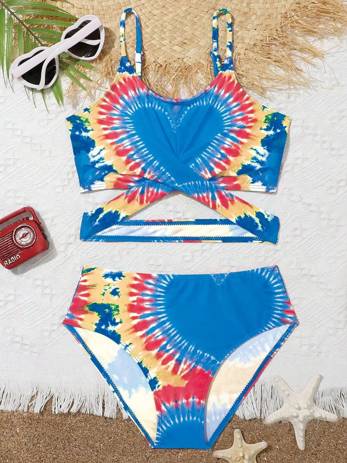 Girls Two Pieces Tie Dye Heart Print Bikini Kids Cross Wrap High Waist Swimsuit 7-12 Years Children's Bathing Suit Teens Pink