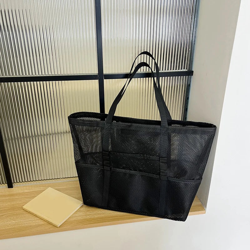 Large Capacity Canvas Beach bag Versatile Commuting Shopping Shoulder bag Lightweight Semi Transparent Mesh Hollow bag