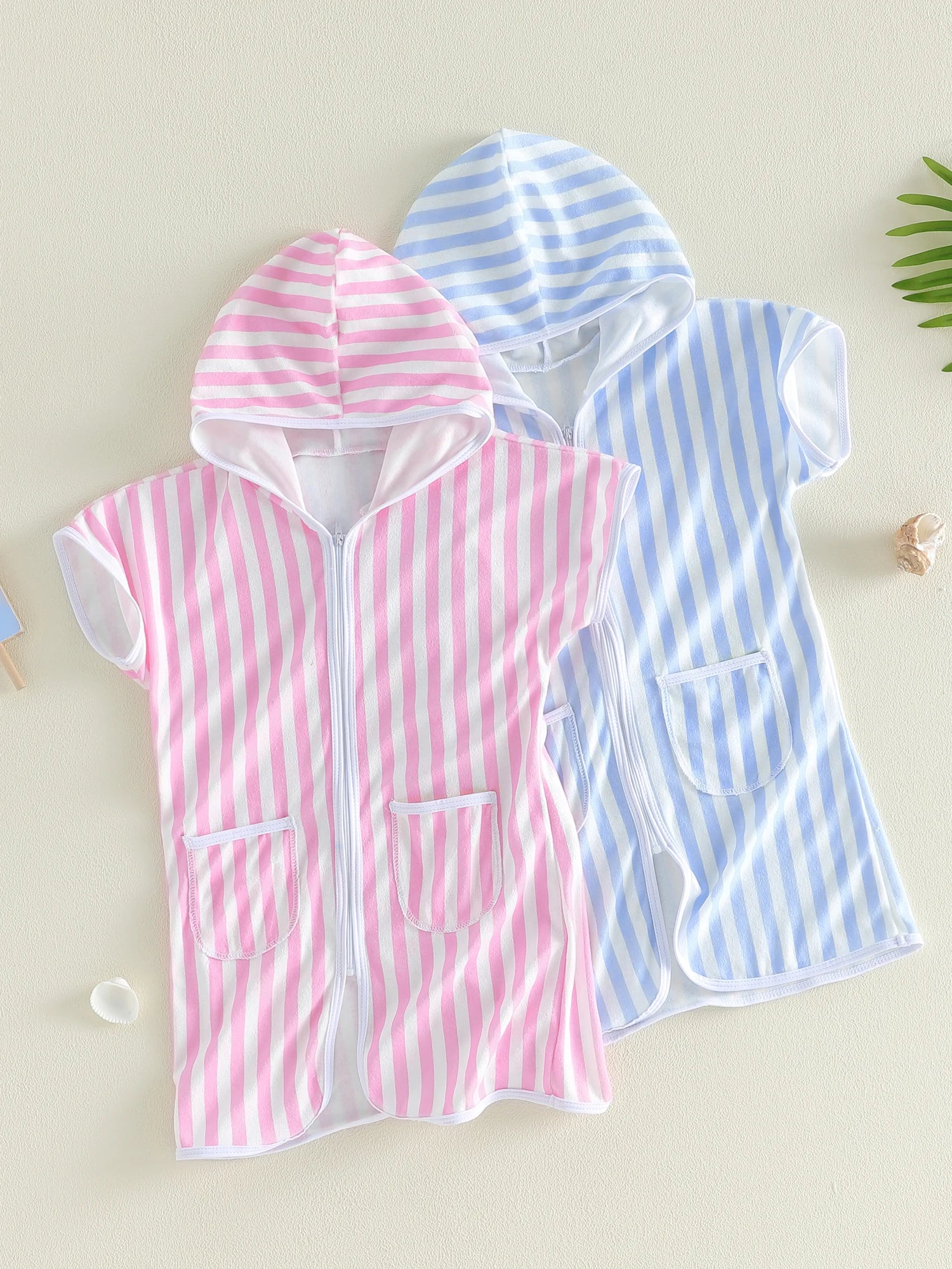 1-6Y Kids Swimwear Cover-ups Striped Zip Up Short Sleeve Hooded Robe Shawl for Beach Pool for Boys Girls Swimsuits