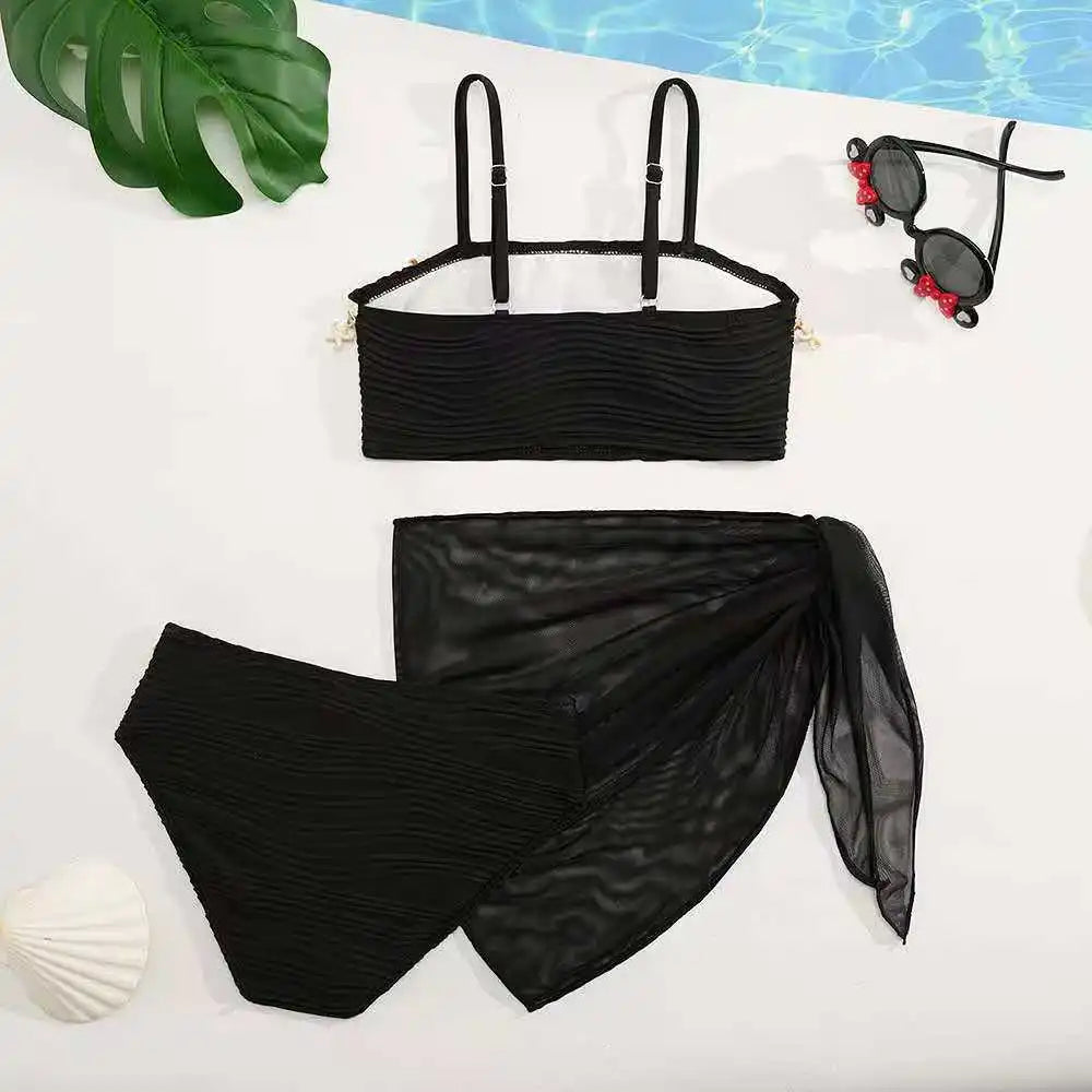 2026 Strappy Girls Swimsuit 3 Pieces Bikini & Skirt Bandeau Kids Swimwear Female Children's Bathers Bathing Swimming Swim Suit