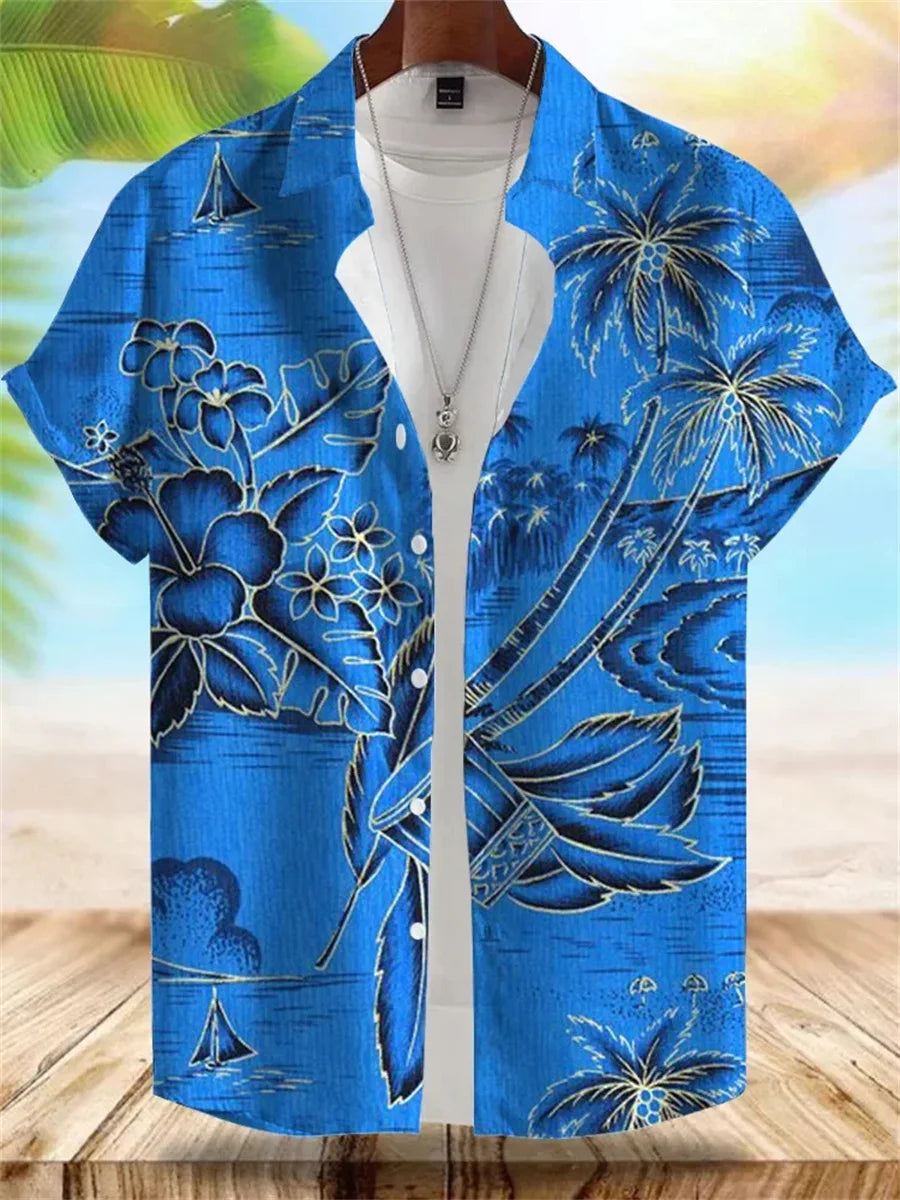 2026 Summer New Men's Tropical Floral Print Short-Sleeve Shirt, Casual Loose Fit, Vacation Style, Beachwear, Hawaiian Shirt