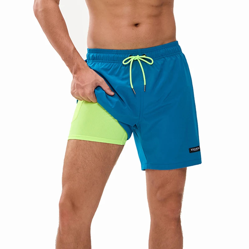 ESCATCH 2026 Latest Mens Shorts Breathable Long Lining Quick-Dry Sports Swim Traje De Baño Hombre Zipper Pockets Beach Shorts