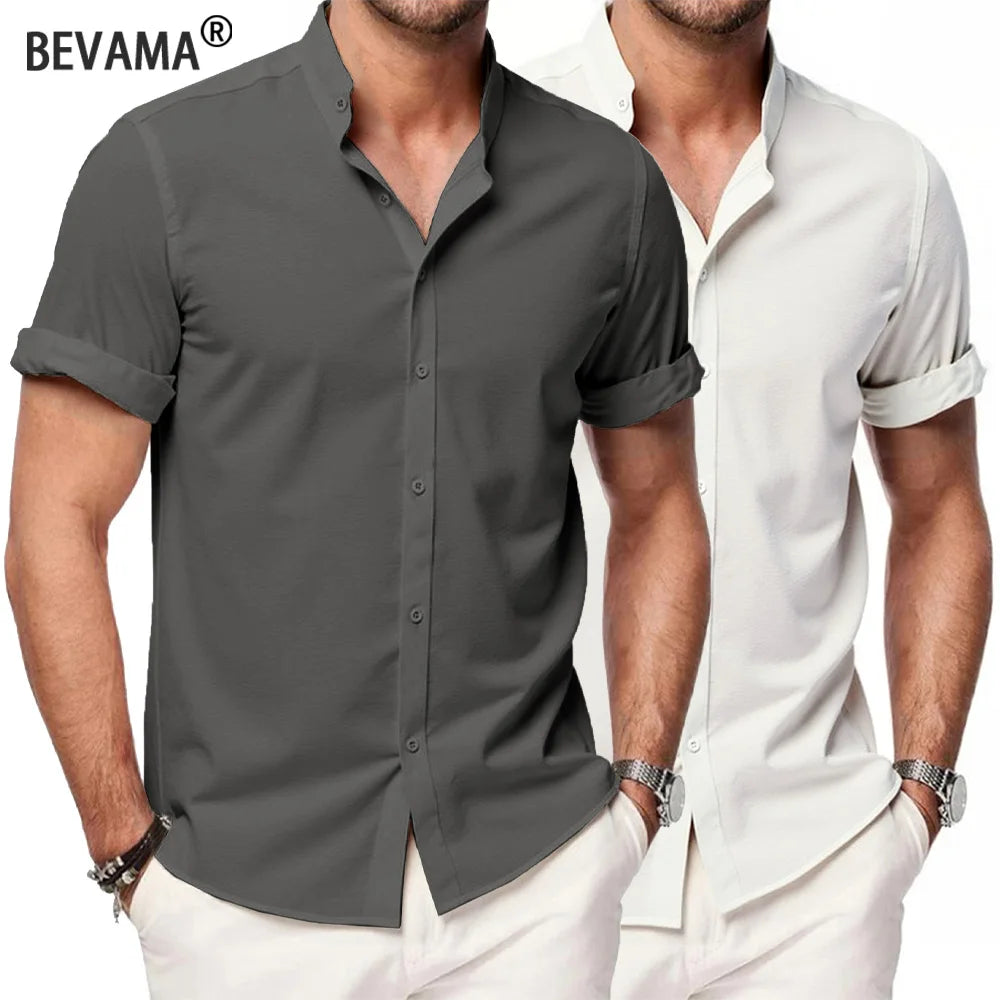 Summer Men's Short Sleeve Shirts Solid Color Stand Up Collar T Shirts Loose Casual Beach Shirt Breathable Male Linen Tops