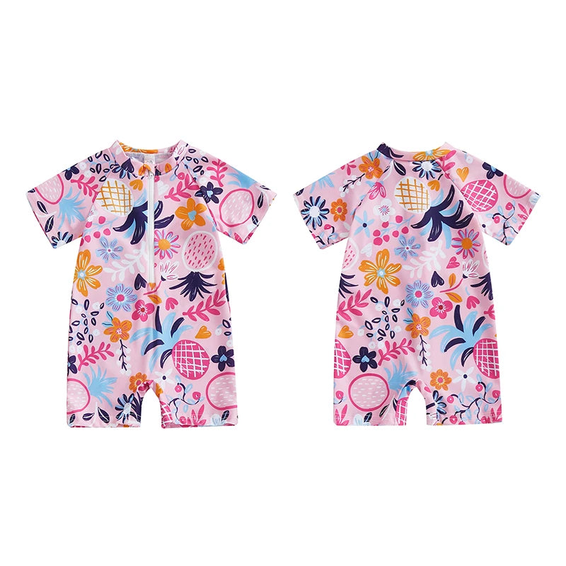 0-3Years Baby Boy Girl Rash Guard Swimsuits Fashion Print Short Sleeve Zip Up Rompers Bathing Suit Toddlers Swimwears Beachwear