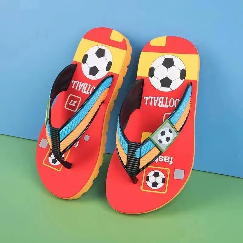 New Summer Baby Boys Girls Slippers Children PVC Cartoon Football Print Flops Flips Beachwear Outdoor Red Blue Green Kids Shoes
