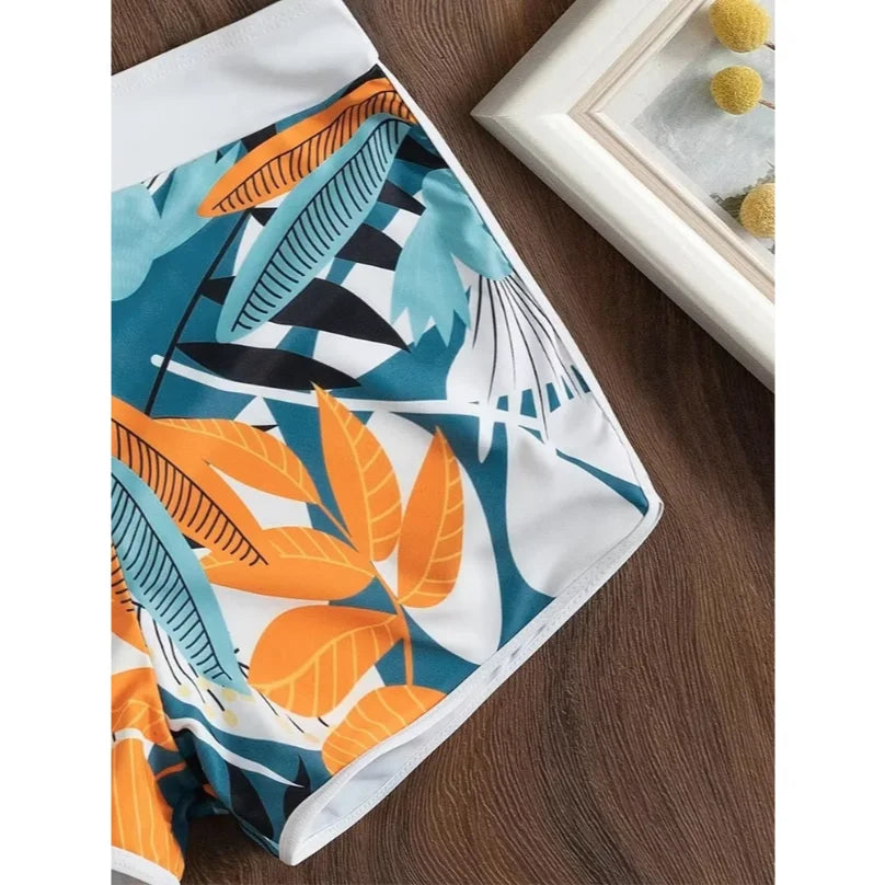 Europe and the United States swimsuit ladies print neck conservative flat Angle high waist split flat Angle bikini high waist