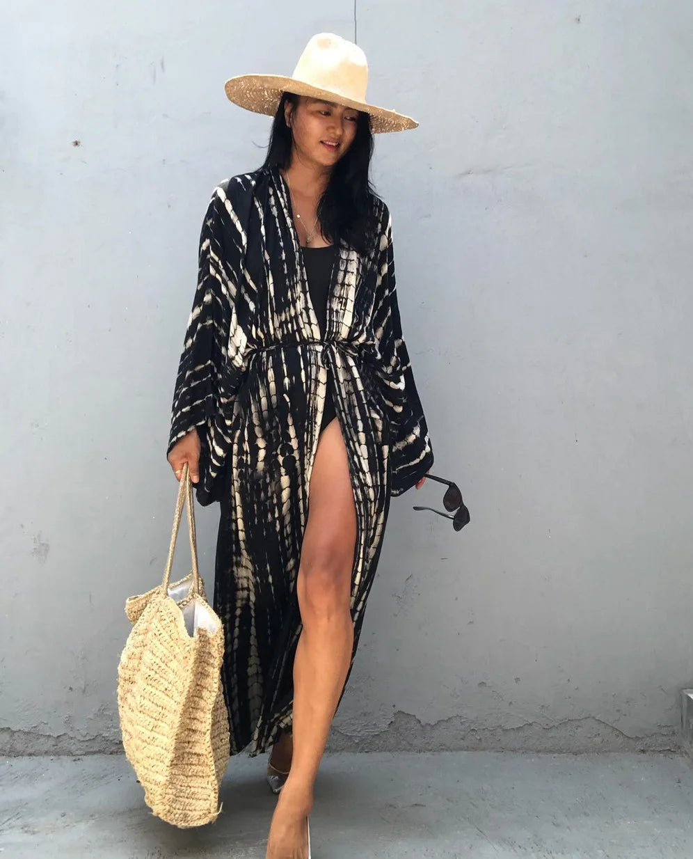 Women's Boho Stripe Tie Dye Swimsuit Cover Up with Belt Tunic Sarong Cardigan Dress Bikini Cover-ups Beach Wear Kimono