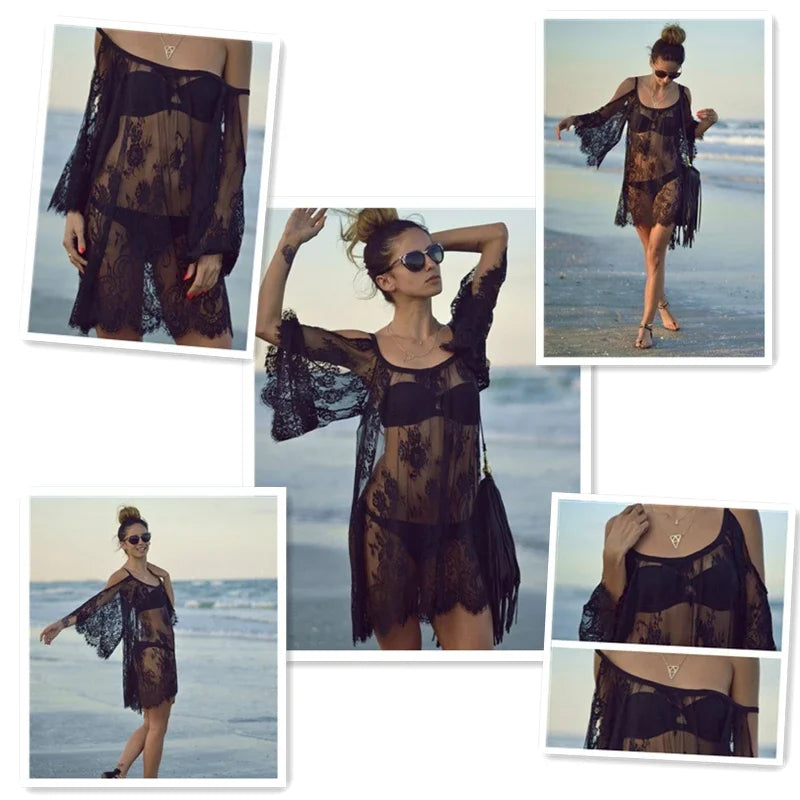 New Saida De Praia Beach Cover Up Pareo Playa Coverup Dress Vestido Livre Swimsuit Wear Swimwear White Lace Women Beachwear