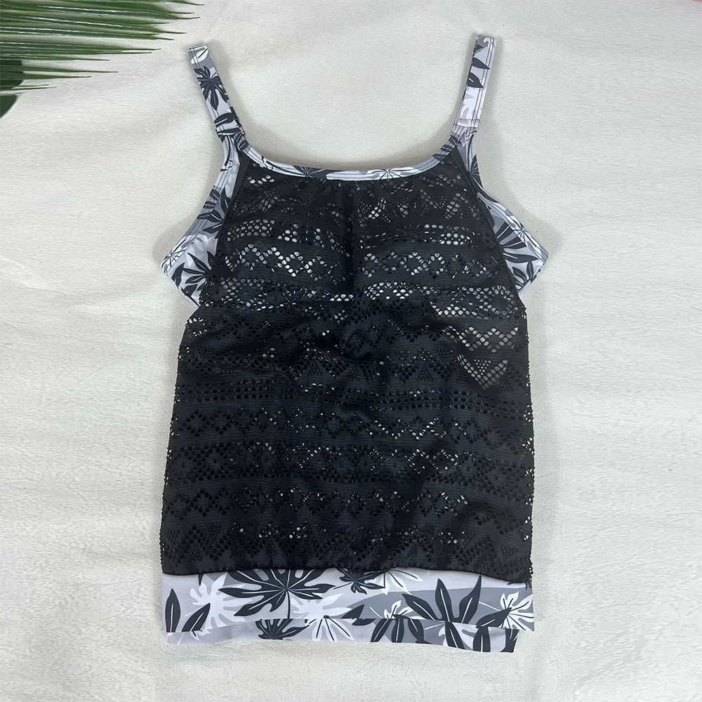 Crochet Mesh Swimsuit for Women New Summer Strappy Floral Patchwork Backless Swimwear High Waist Shorts Tankinis Beachwear S-3XL