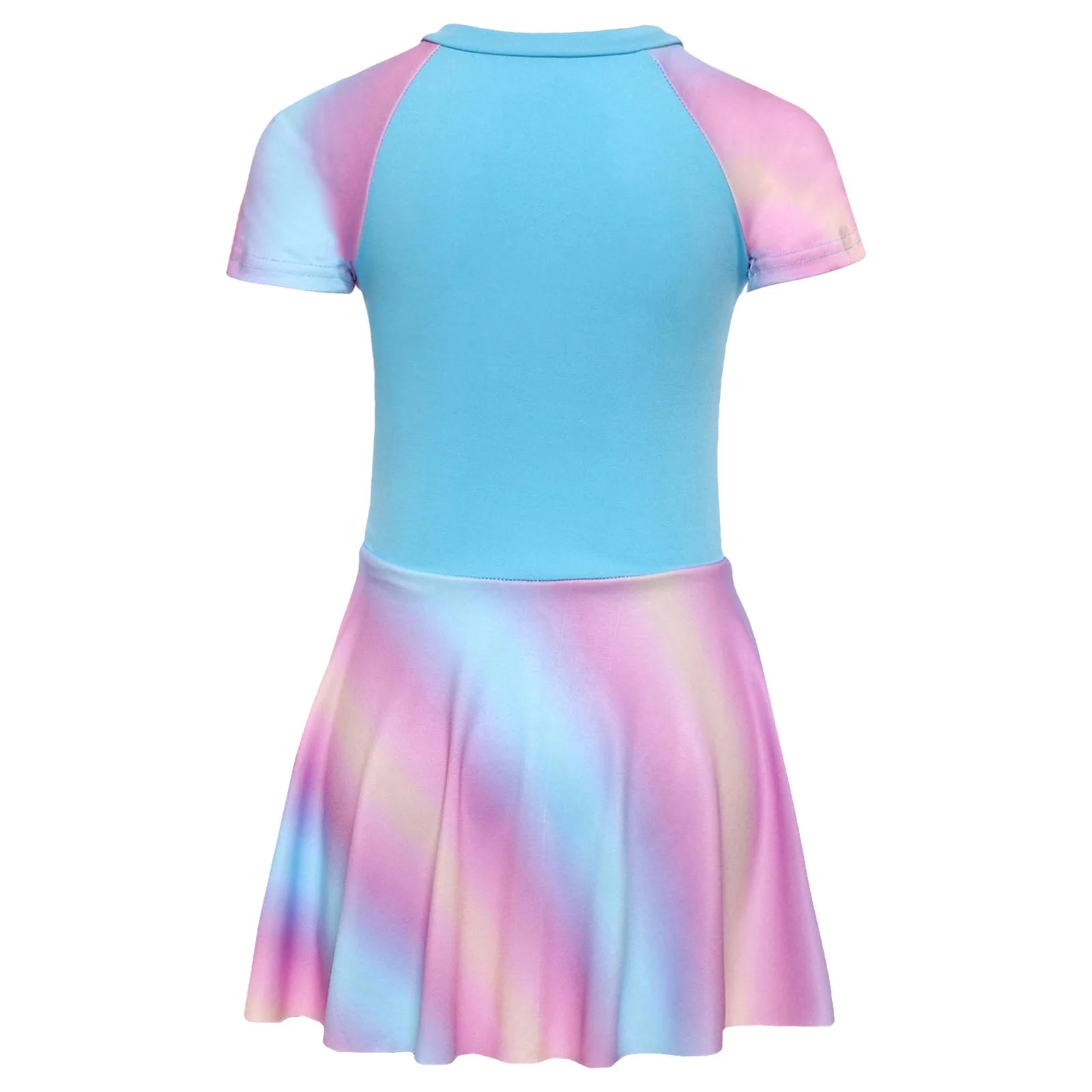 Fashion Girls One Piece Swim Dress Short Sleeve Color Block Swimsuit with Chest Pads Front Zipper And Safety Shorts Beachwear