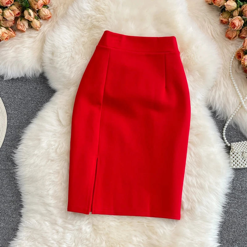 High Waist Midi Skirt Women's OL Profional Slimming Side Slit Wrap A-Line One Step Skirt Autumn Korean Sle Commute
