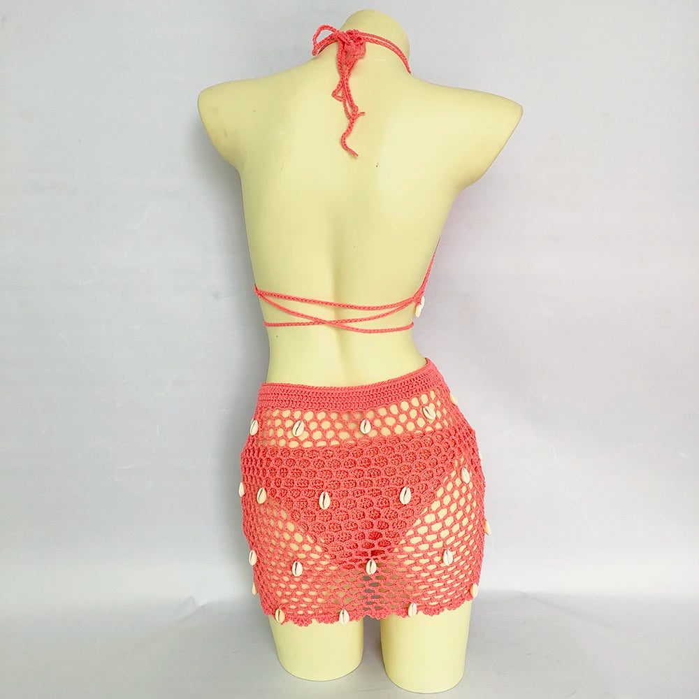 Women Beach Wear Swimsuit Cover-Ups Boho Summer See-Through Hollow Out Bandage High Waist Short Beach Skirt Crochet Knit Skirts