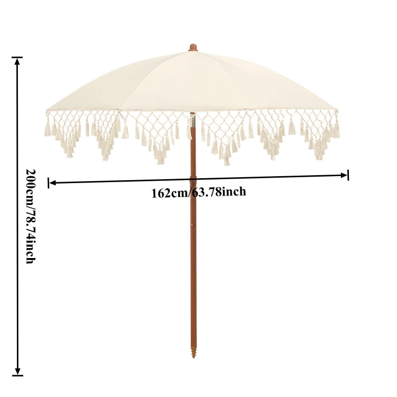 Triangle Fringe Decorated UPF50+ Outdoor Sunshade Umbrella Rotatable for Courtyard Beach Sun Protection No Base Included