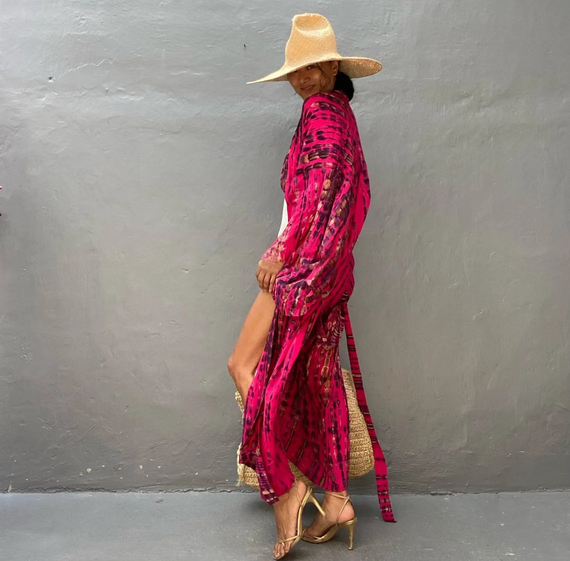 Women's Boho Stripe Tie Dye Swimsuit Cover Up with Belt Tunic Sarong Cardigan Dress Bikini Cover-ups Beach Wear Kimono