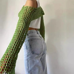 Long Sleeve Crochet Crop Top Summer Knit Hollow Out Mesh Cover Ups 2024 Women‘s Y2k Crochet Tops Pullover Streetwear