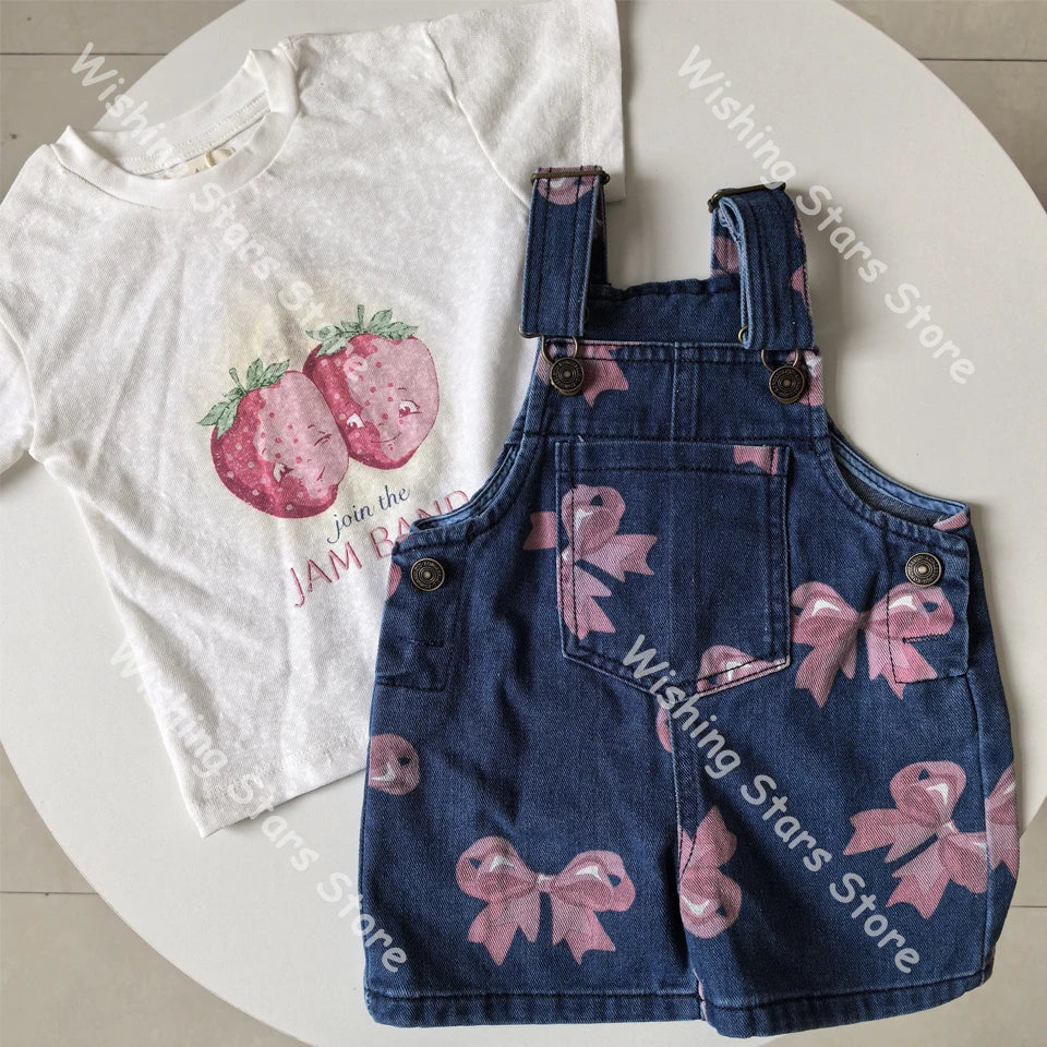 Boys Denim Overalls 2025 KS Girls Cute T-shirt Skirt Boy Simple Cool Tee Tops Shorts Baby Kids Beach Shorts Children Clothes Set
