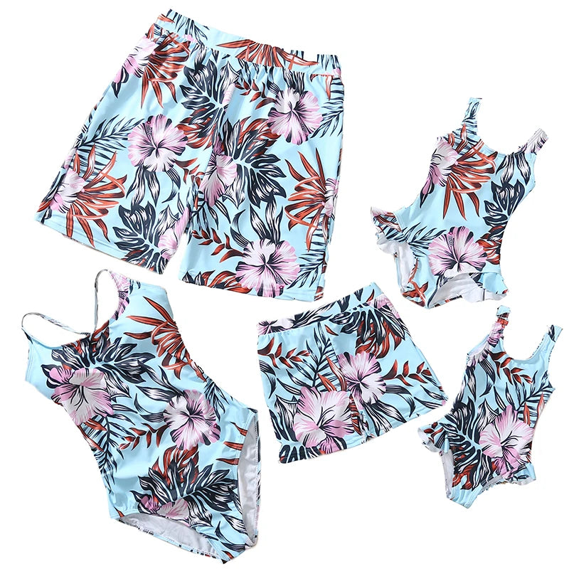 New Family Matching Outfits Leaf Printed Matching Swimsuit Family Look Floral Full Print Multi-color One-piece Matching Swimwear