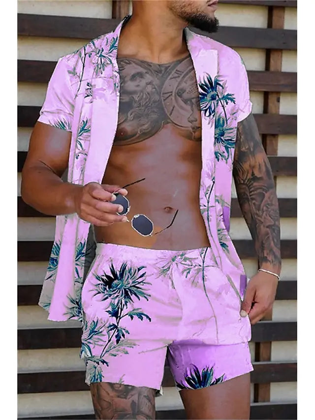 Hawaiian Plants Multicolor Print Men's Shirt and Shorts Two Piece Set Casual Vacation Men's Shirt Set Short Sleeve Button Shirt