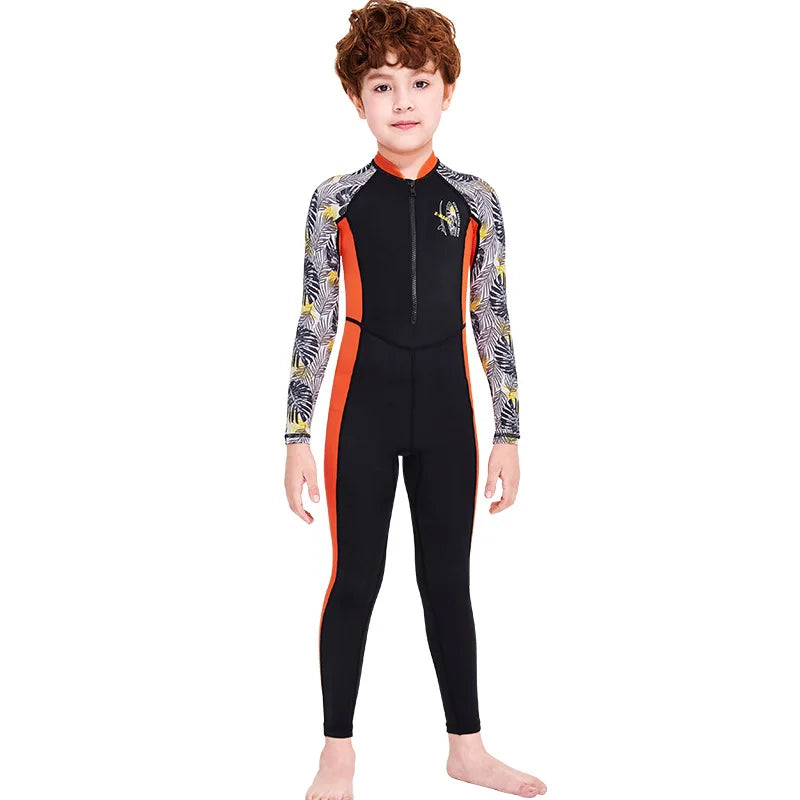 Girl Boy Swimwear Zipper One Piece Suit Kids Sunscreen Quick Drying Long Swimsuit Beachwear Bathing Suit(Including Swimming Cap)