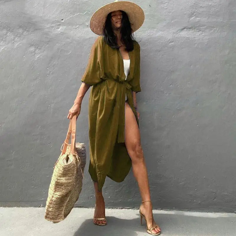 Women's Boho Stripe Tie Dye Swimsuit Cover Up with Belt Tunic Sarong Cardigan Dress Bikini Cover-ups Beach Wear Kimono