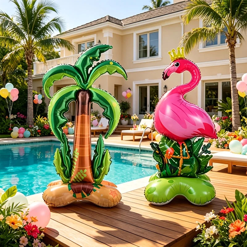 2Pcs Large Flamingo and Coconut Tree Foil Balloon Set, Tropical Style Design, Suitable for Hawaiian Themed Parties, Pool Parties, Tropical Birthday Celebrations, Wedding Background Decorations, Outdoor Barbecue Parties, Indoo