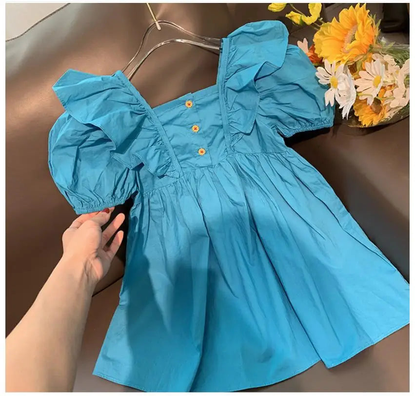 2025 New Children's Dress Girls' Summer Korean Edition Fashion Bubble Sleeves Checkered Strap backless Dress 1-6Y