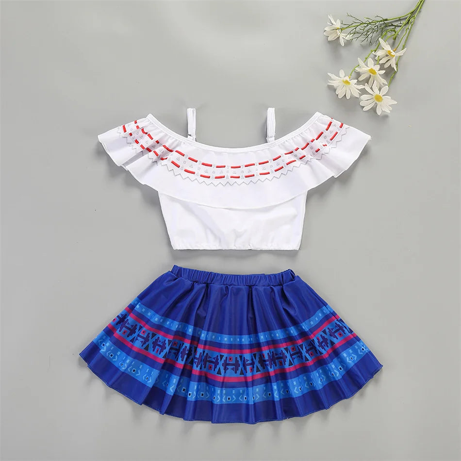 Encanto Cosplay Mirabel Isabela 2Pcs Tops Skirt Set Girls Dolores Luisa Pepa Bikini Swimwear Children Print Beachwear Costumes