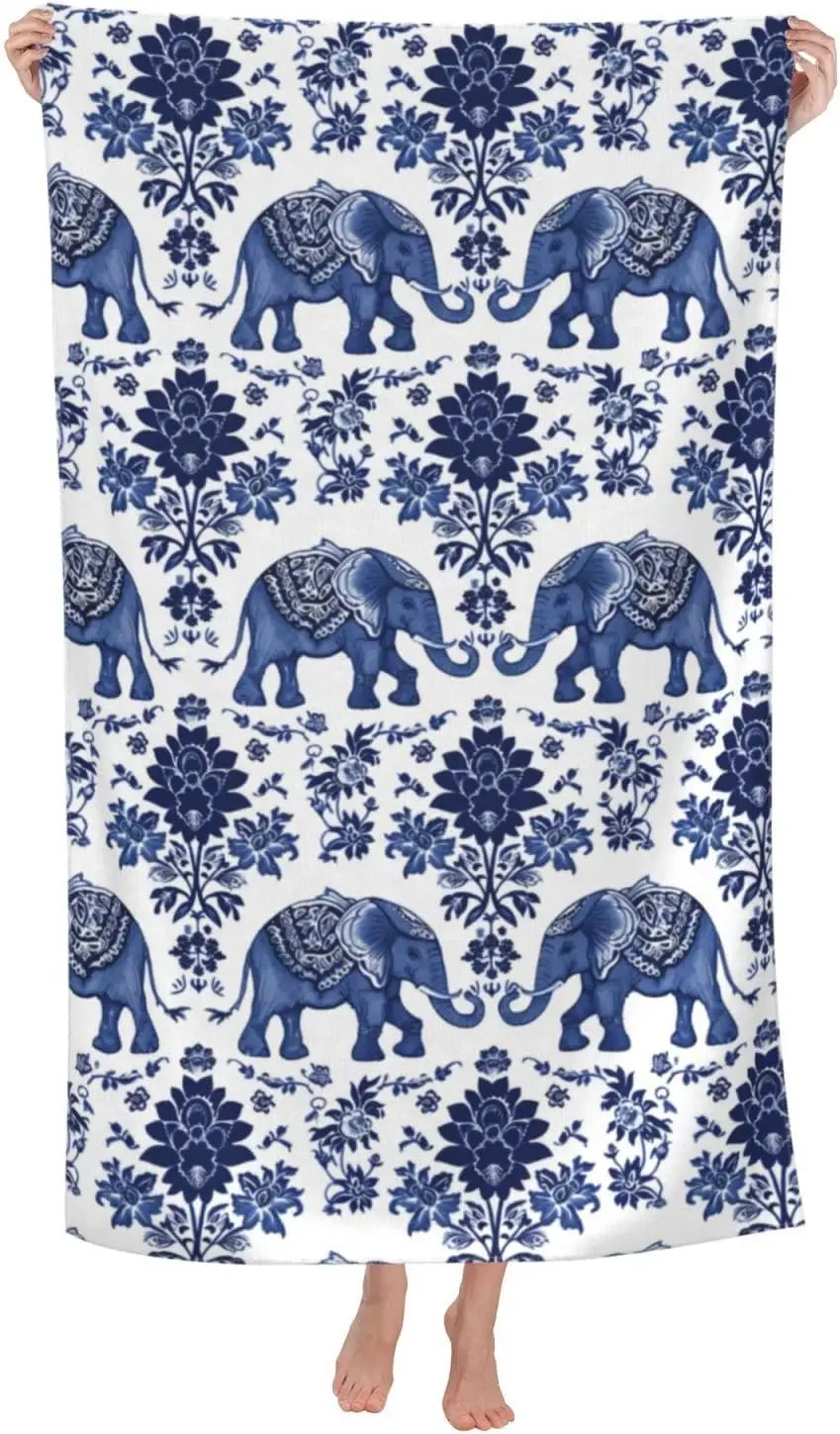 Blue Elephant Beach Towel,Microfiber Quick Dry Asian Floral Flower Boho Bath Towels, Soft Lightweight Oversized Sand Free, for