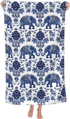 Blue Elephant Beach Towel,Microfiber Quick Dry Asian Floral Flower Boho Bath Towels, Soft Lightweight Oversized Sand Free, for
