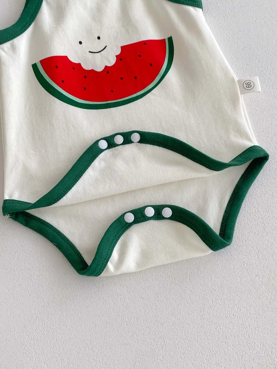 Summer baby cute watermelon style jumpsuit, male and female baby sling thin comfortable jumpsuit hat, suitable for going out