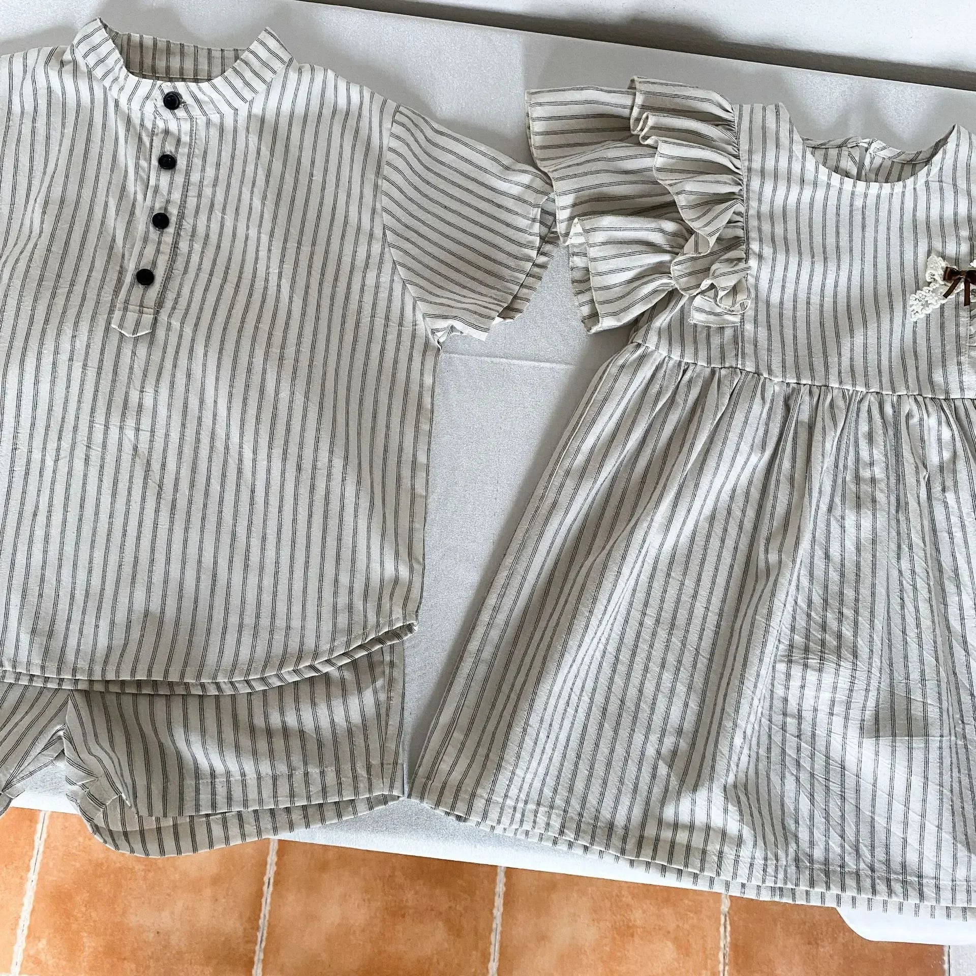 22004 Brother Sister Clothes Summer New Short Sleeve Stripes Baby Boy's Suit Or Cotton Girl Dress