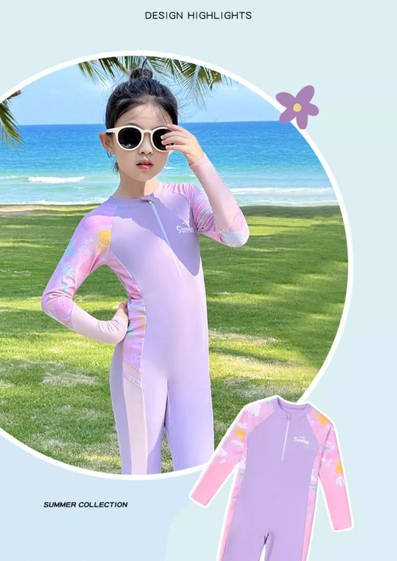 Sun Protection One Piece Girls' Swimsuit Girl Kids Swimming Suits Long Sleeve Childrens Bathing Suit Beachwear Surfing