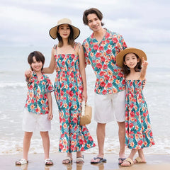 Family Holiday Clothes Dad and Son Boy Beach Shirts Two Piece Sets Vacation 2023 Mom and Baby Girl Floral Smock Dress Sleeveless