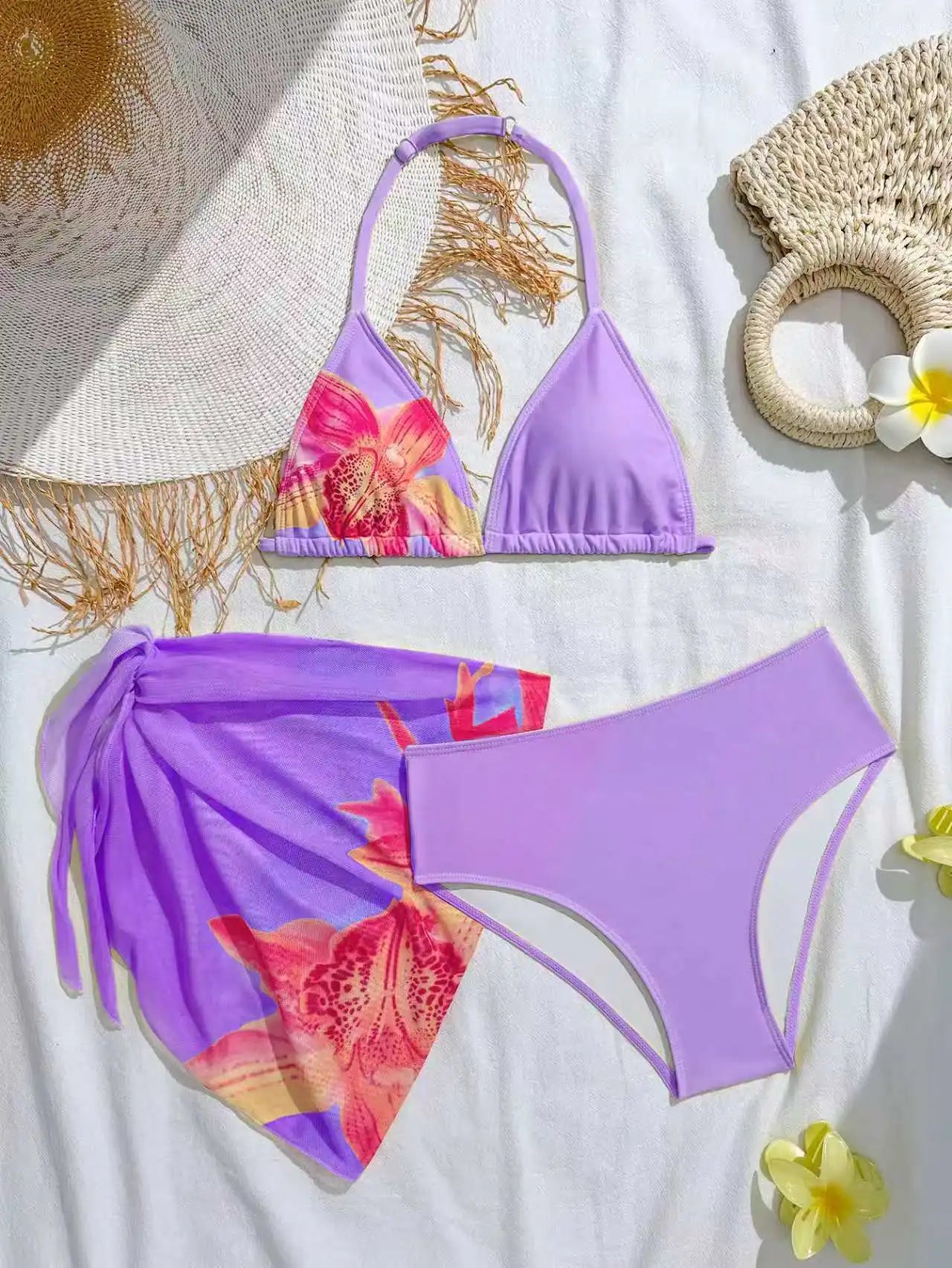 2026 Halter Girls Swimsuit 3 Pieces Bikinis Printed Kids Swimwear Female Children's Bathers Bathing Swimming Swim Suit 8Y-12Y