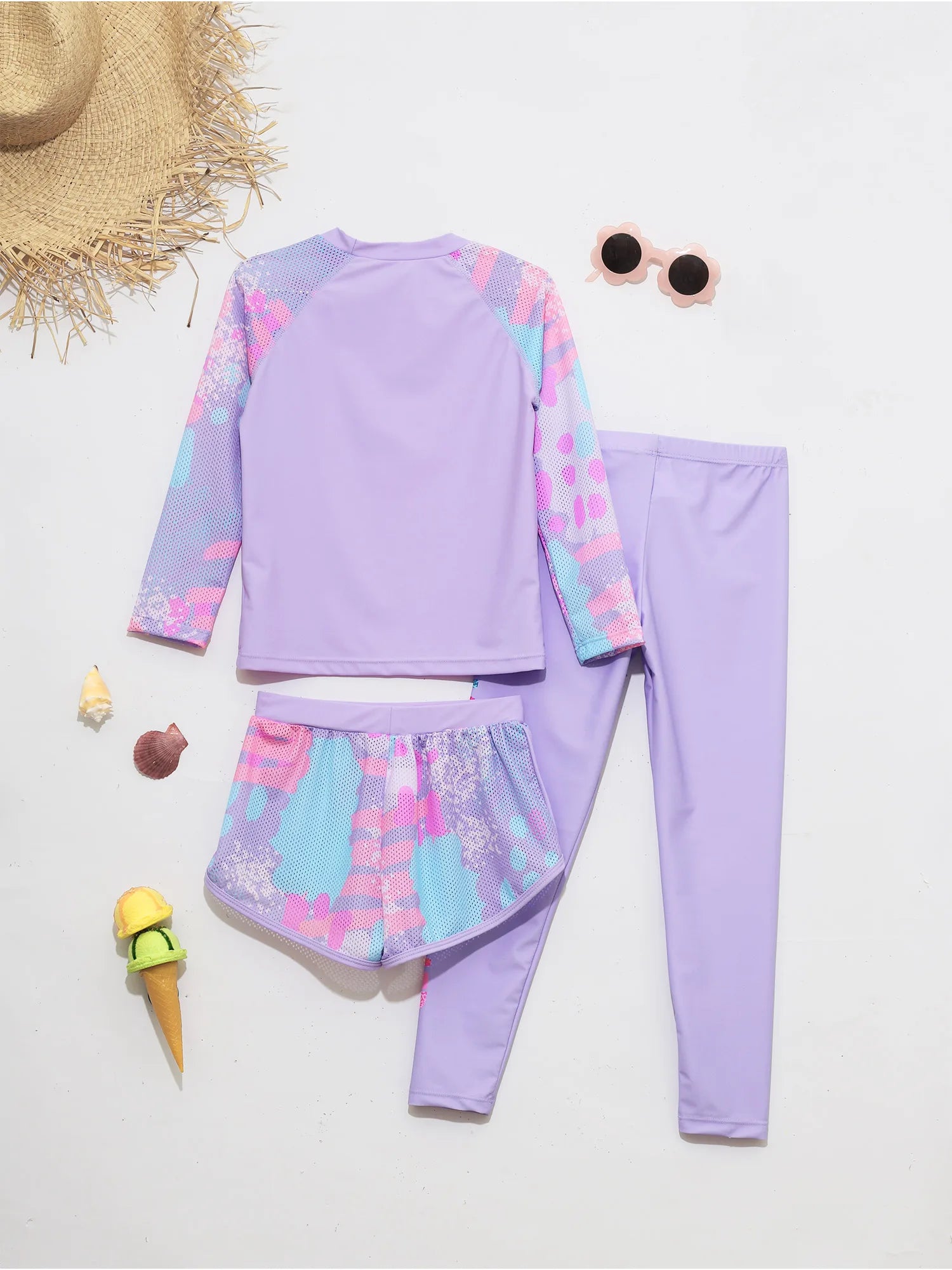 Kids Girls Swimsuit Rash Guard 3Pcs Sunsuit Outfit Long Sleeve Floral Tops Shorts Legging Child Sun Protection Pool Swimwear Set