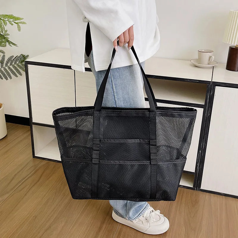 Large Capacity Canvas Beach bag Versatile Commuting Shopping Shoulder bag Lightweight Semi Transparent Mesh Hollow bag