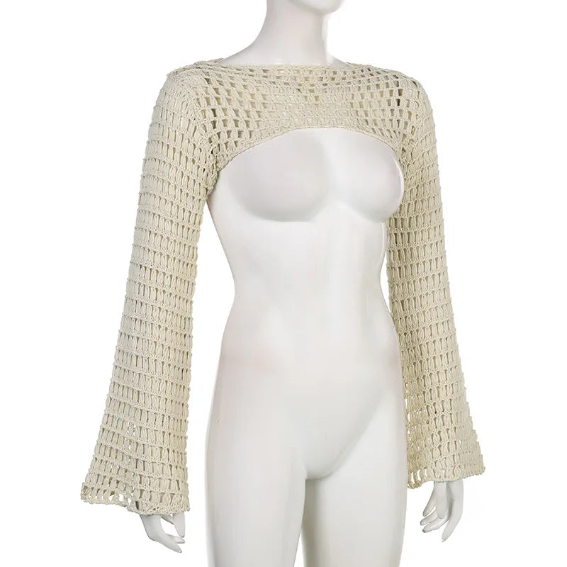 Long Sleeve Crochet Crop Top Summer Knit Hollow Out Mesh Cover Ups 2024 Women‘s Y2k Crochet Tops Pullover Streetwear