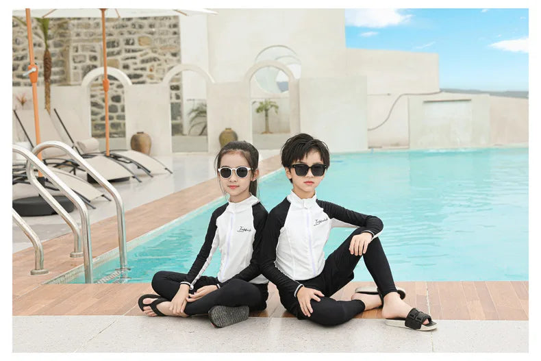 Three Piece Long Sleeve Cover Up Swimwear Korean Beach Wear Kids Girls Boys Swimsuit White Black Rash Guard Bathing Suits Pants