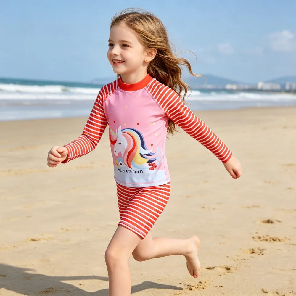 Children Surfing Suit Boys 2 to 3 4 5 6 7 8 9 10 11 Years Kids Swimming Suits Girls Spf 50+ Long Sleeves Stripe Swim Tops+Trunks