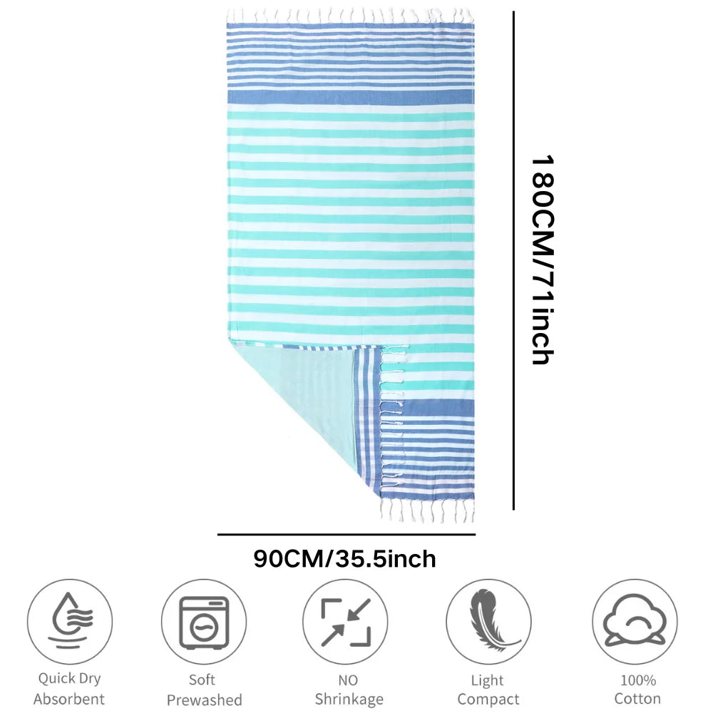 100% Cotton Turkish Tassel Beach Towel Double Layer Thickened, Soft and Sandproof Lightweight, Suitable for Outdoor Traveling