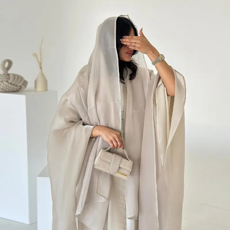 Elegant Arabic Satin Abaya Dress with Hijab Eid Muslim Women Modest Cardigan Islamic Vacation Outfit New in Turkey Kaftan Robe