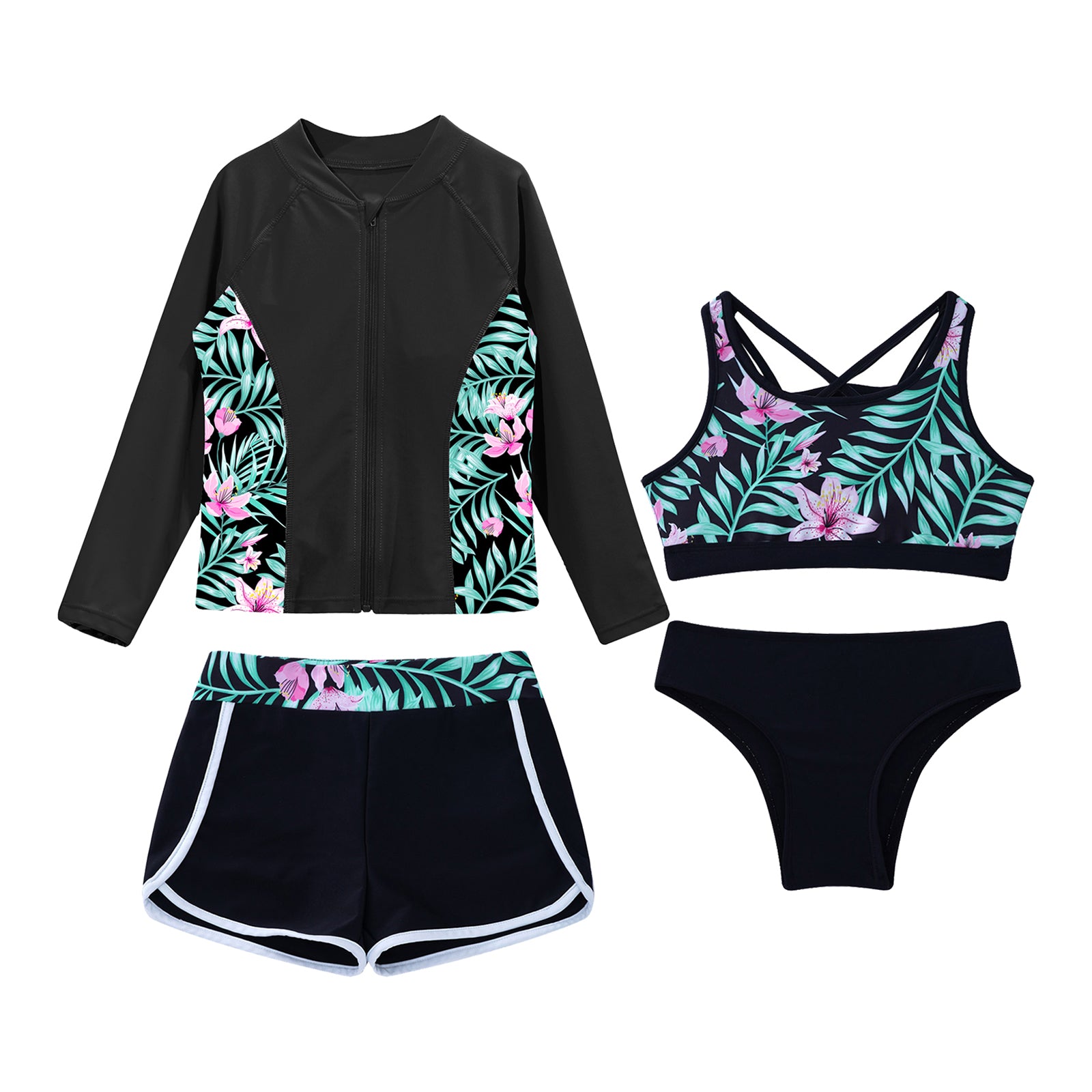 Kids Girls 4PCS Printed Swimsuit Long Sleeve Outerwear with Sleeveless Crop Top Briefs Shorts Bathing Suit Rash Guard Swimwear