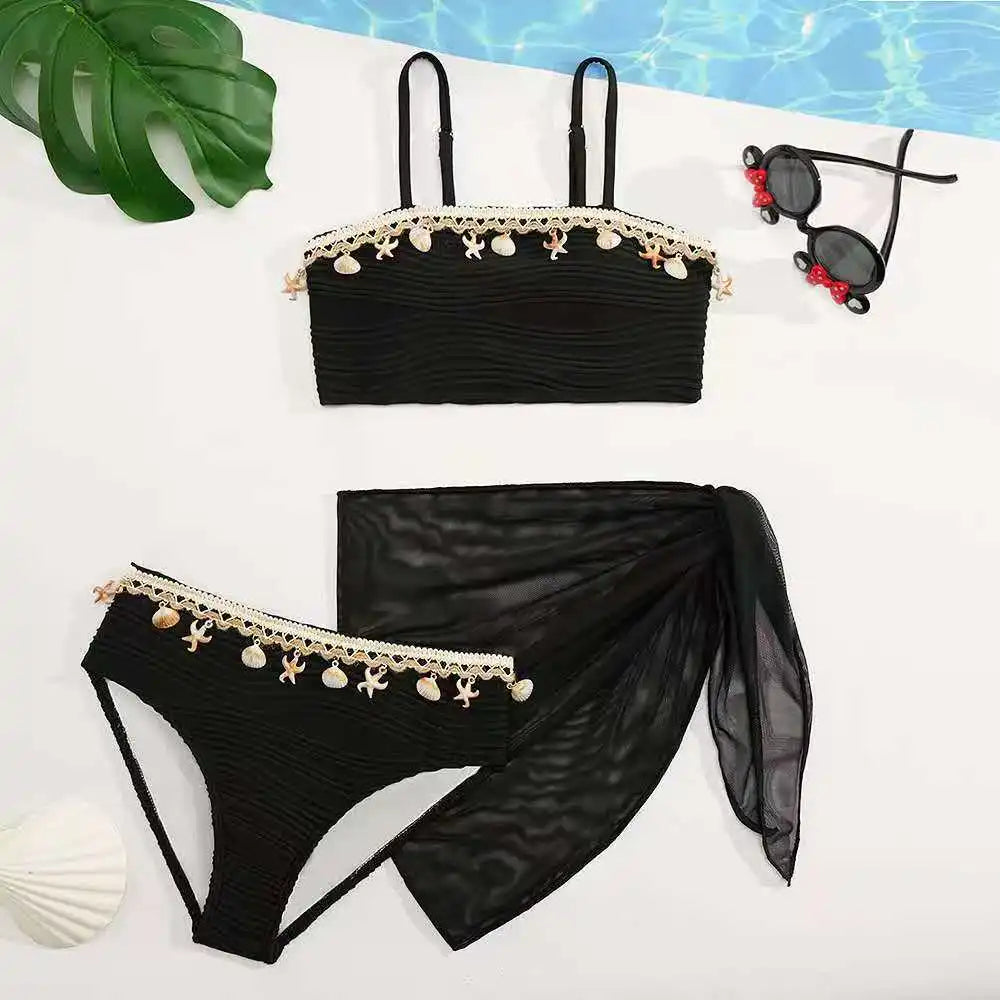 2026 Strappy Girls Swimsuit 3 Pieces Bikini & Skirt Bandeau Kids Swimwear Female Children's Bathers Bathing Swimming Swim Suit